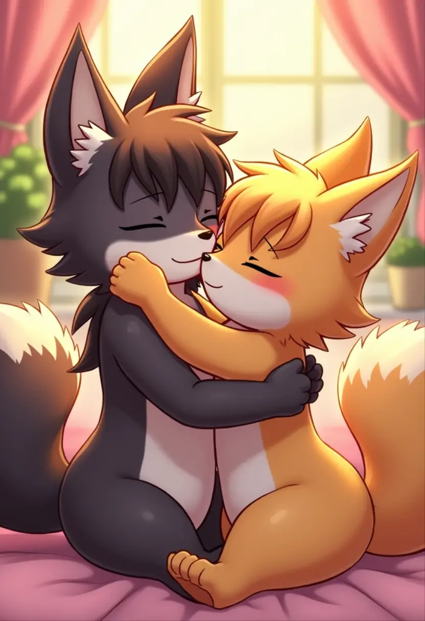 The human,Two boys kissing,Shota,fullnude,fake dog ears,dog collar,Dog tail,penis,Erect ,livingroom, hug each other tight,Face,Helmet matching,face excited,saliva