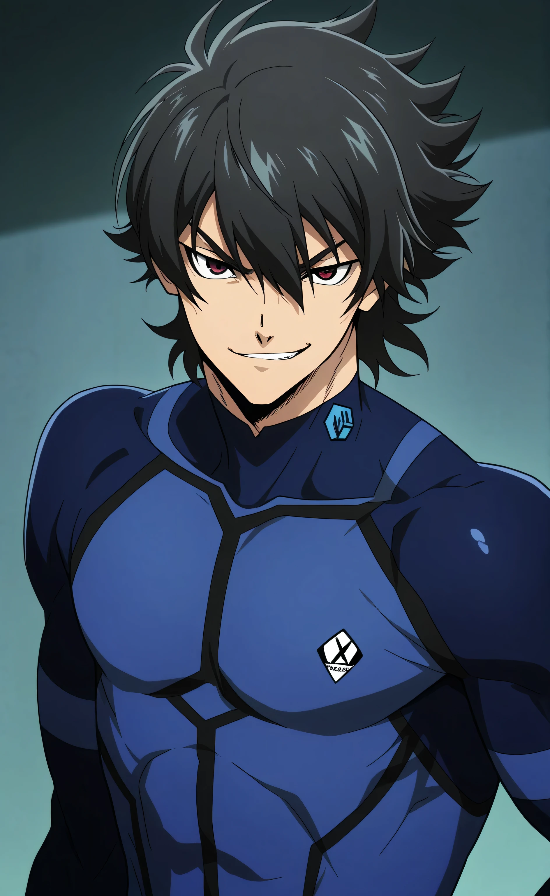 1male,solo,Fudou Akio,Ametis eyes,black hair,short hair,villain,smirk,muscle,blue bodysuit,Blue Lock Anime Style