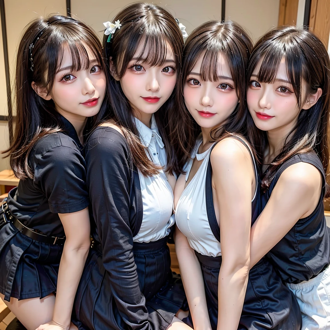 ​masterpiece、top-quality、full body Esbian、bangss、Black Choker、2girls、lilies、Lesbian kiss、the kiss、(Dark hair)、long、hug、cleavage of the breast、Plump breasts、Slimed、Liz Lisa Code、lolita、