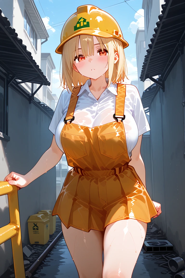 A female construction worker wearing an Adrian helmet 