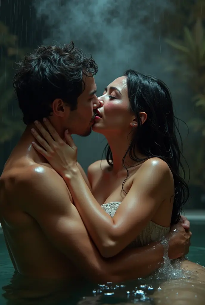 Girl naked as a slave takes a bath with a man