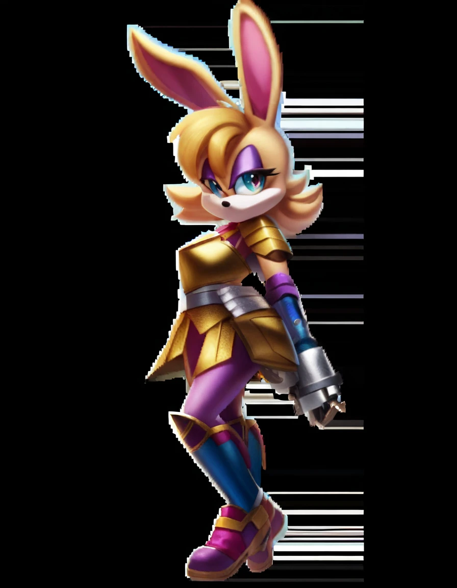(score_9, score_8_up, score_7_up), Solo, (Vanilla the Rabbit), Sonic \(Series\), (Science Fiction, Purple Armored bodysuit, Pink Armored Dress, Mecha, Android, Cyborg, mechanical wings, glowing wings)+, Angel Wings, Beautiful, Flat Colors, Vector, SVG, Happy, Clouds, Highly Detailed