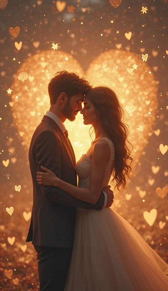 A silhouette of a couple hugging on a warm colored background (vermelho, laranja, amarelo).