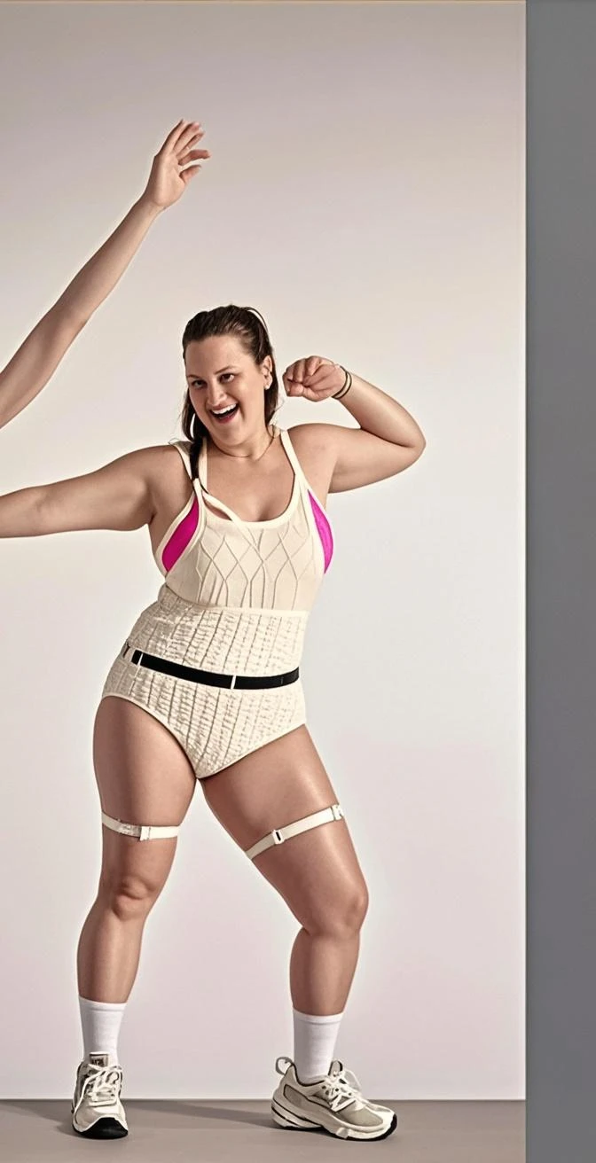 Plus-sized Brunette female wrestler with ponytail, in navy blue black and grey geometric patterned high cut leotard that has a "T" emblem, black wristbands, black elbow-pad on left arm, photo realistic, intricate details