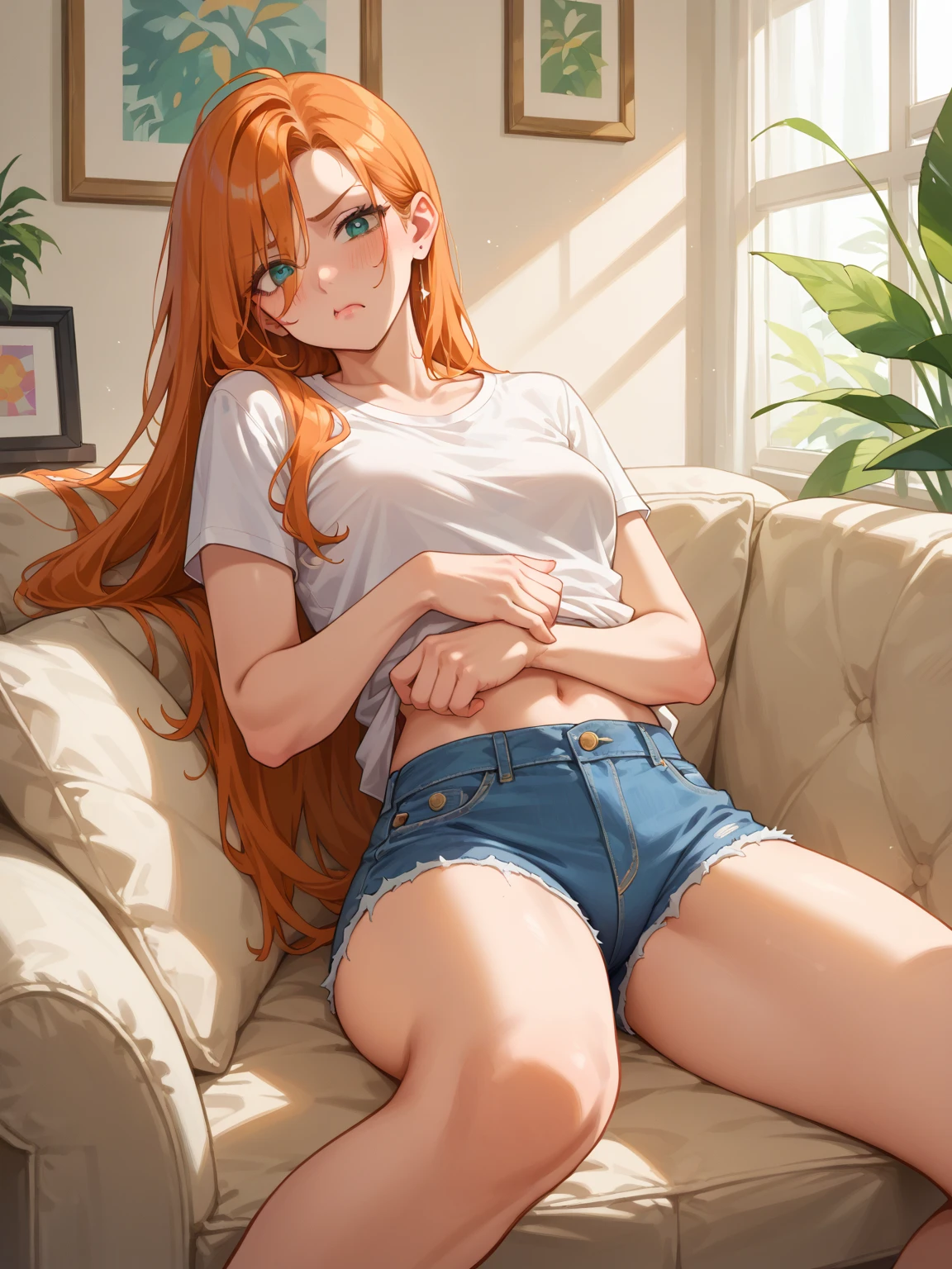 1girl, anime girl, anime, (dark skin), stylish girl, 2d girl, 18y, (fullbody), in bed, anime girl, seductive smile, (orange hair), ((white blouse)), Solo, Slim, Big Breasts, Tight Shorts, low waist shorts, upshorts, lying on the bed, night background through the window, looking at viewer, (((spread legs))), (((Wedgie))), (((explicit))), (((shorts))), (((absurdres))), (((thigh gap))), (((cameltoe))), (((cleft of venus))), (((lowleg shorts))),