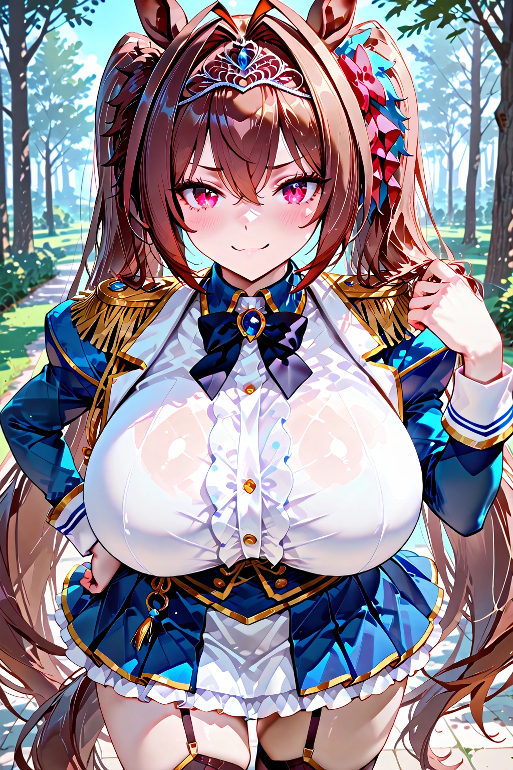 beautiful woman,Folk Girl,blonde with blue eyes,Wear a rococo ball gown to look elegant. Decorated with a long, fluffy skirt.,Beautiful rococo style evening gown with amazing details. Complete with a long skirt with large ruffles.,countryside,countryside,beautiful scenery,European Middle Ages,smile with teeth,forehead,forehead exposed,very big breasts,ear nipple ring,side waist slit,tights,mitt,((side chest)),Lace panties,Panties,((big tits)),(pubic bone),(Hold your hands on your chest.),(Elf Princess), rift, visible chest, Show your breasts, open chest, I see bulging nipples,,(((large areolae:1.4,pink,The nipples are clearly visible...))),