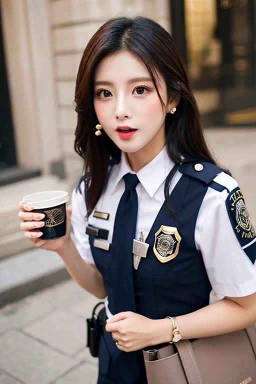 (RAW photo, best quality), (realistic, photo-realistic:1.2), a portrait photo, 1girl, 40 yo, alone, sitting in a bus, indoor, in the night, warm indoor lighting, smile, (high detailed skin:1.4), puffy eyes, gorgeous hair, air bangs, brown black hair, (police uniform:1.8), soft lighting, high quality, skin spots,