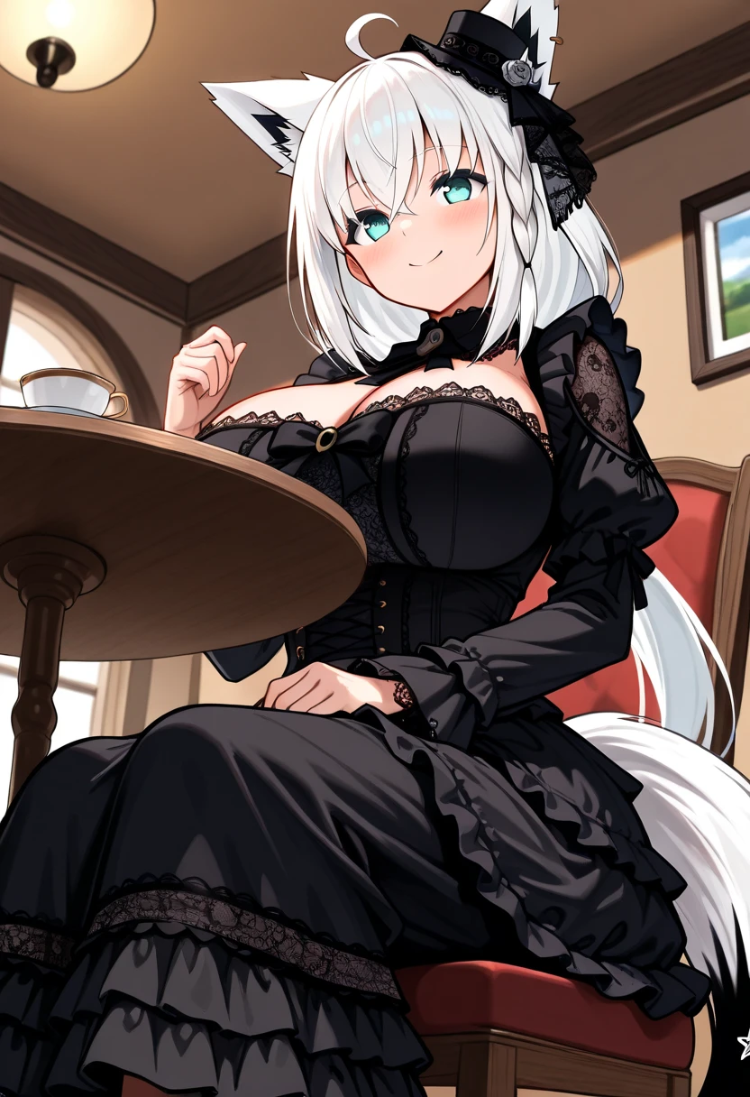 masterpiece,best quality,anime,2d,detailed eyes, 1girl, long hair, solo, butterfly hair ornament, standing, smile, hair between eyes,capelet, long sleeves, petals, black dress, hair between eyes, butterfly, looking at viewer, black capelet, vertical stripes, very long hair, holding, striped dress, breasts, masssive breasts, huge breasts, standing, looking at viewer, huge ass, huge thighs, narrow waist, wide hips, thick thighs, curvy,cleavage, closed mouth, chair, table, holding cup, vertical-striped dress, white hair, (colored eyelashes:1.2), flower, black eyes, medium breasts, long dress,(white eyelashes:1.1)