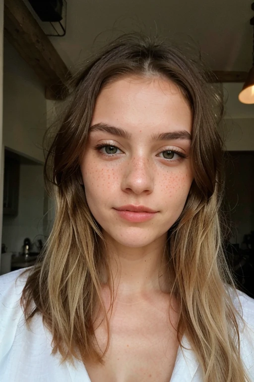 Create a picture of a twenty-year-old girl. ((Have a natural and attractive face)) (Her hair should be blonde with brown stems) (Long hair) (Her eyes are a natural light color) A charming smile on her lips. His face lit up. The girl should not look at the camera. Her image should be fully displayed (girl with light makeup) without retouching and effects. Different clothing