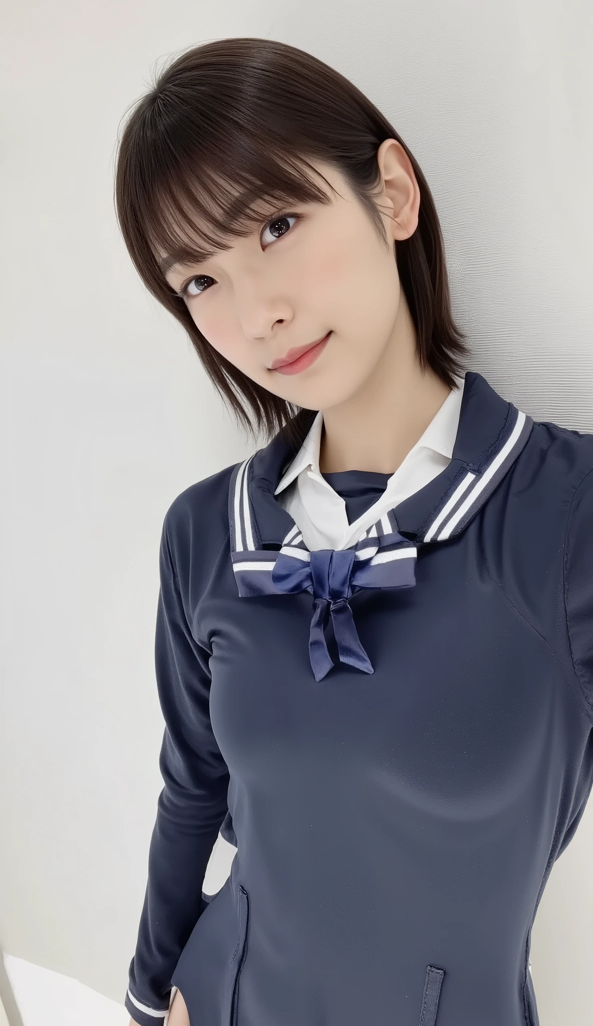 (masterpiece, Official Art), One Girl, Black Hair, blue eyes, hair ornaments, Hair Clip, (school uniform), (See-through shirt), (tie), (skirt), (Wet), (Upper Body), (close), (Huge breasts), very good、sunlight,classroom、 View Audience, Grin, Charm, blush, Charm服, (close), (Place your hands behind your head), (whole body), Short Bob,nsfw