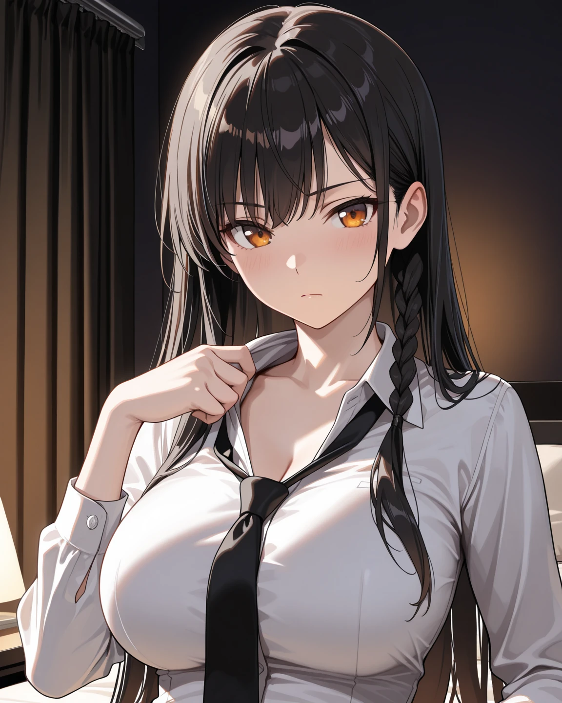 leaning forward、arms up、Shooting from above、Realistic, real person, (pale skin: 1.2), upper body, RAW photo, photorealistic, shiny skin, shiny hair、(A 35-year-old woman with medium-length hair and bangs) and (wavy hair) and (brown hair) and (Orange Eyes) ,(Wearing a business suit:1.5) and (Wearing a white collared shirt) 、(Cleavage:1.5)、(blush:1.5), smile, The background is the living room at night、illumination、Alone、Wearing a black jacket,BREAK half closed eyes BREAK、open mouth,sofa