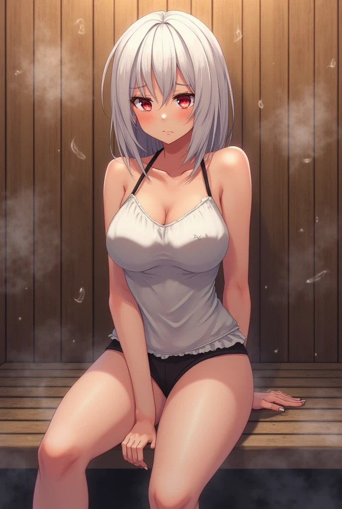 (white short hair)(red eyes)(sitting)(whole body)(Wear casual clothes)(bath)4K