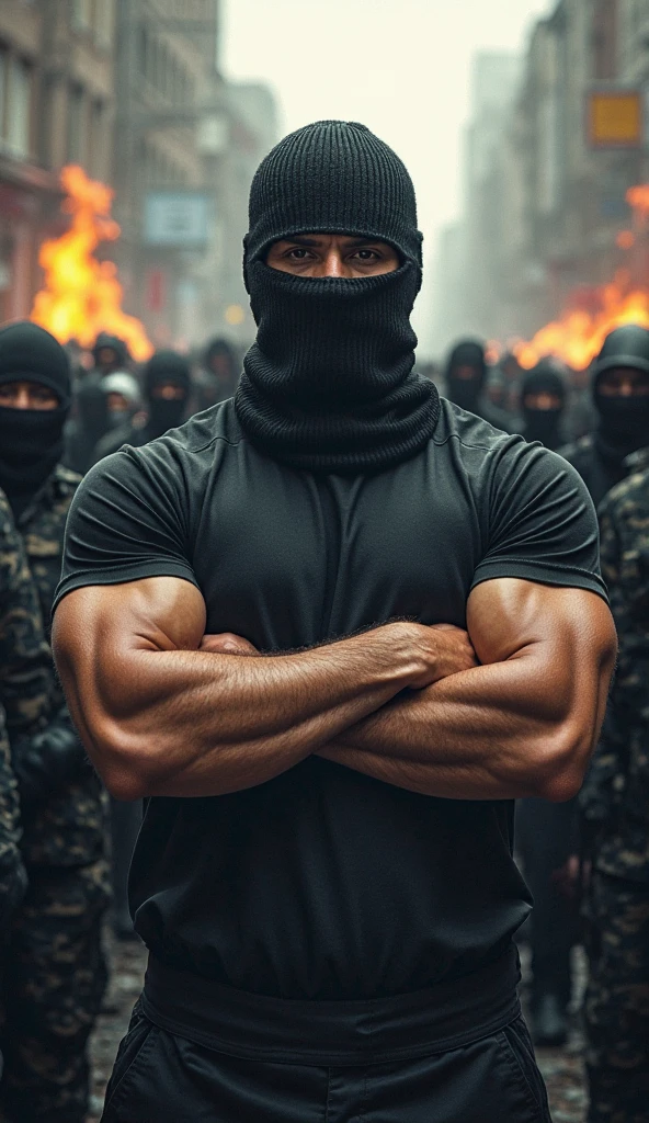 A shirtless boy with a backpack and a balaclava over his face