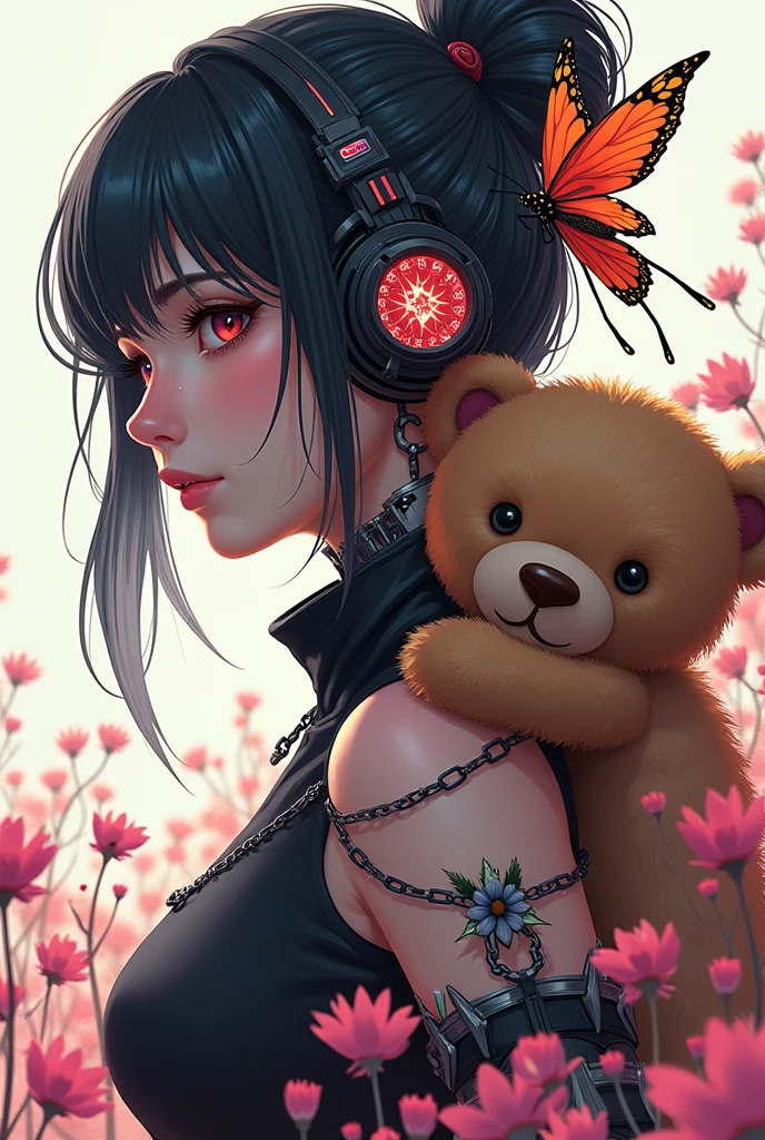 Darkness, horror, creepy, disease, mine - type, mass - produced type, gas mask, cross, ribbon, heart, slanted eyes, twintails, thick coating, black hair, pink eyes, hugging a teddy bear, art by hajime sorayama, <lora:Dystopia:0.8>