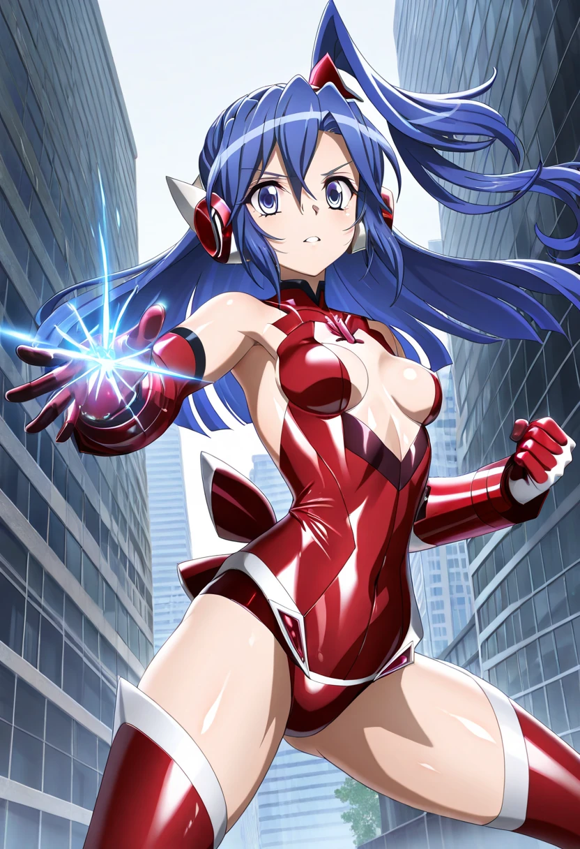 masterpiece,best quality,highly detailed,1girl,solo,<lora:UltraLJenny:0.6>,cowboy shot,buildings,((frown,serious,concentrating,v-shaped eyebrows)),fighting stance,between buildings,
yellow eyes,navel,blue long hair,cleavage,white gloves,large breasts,clothing cutout,midriff,cleavage cutout,red panties,bangs,mecha musume,red shorts,short shorts,close-up,night,
BREAK
ultraBeam,ultraBeam pose,(((beam,shooting))),energy,glowing,laser,firing,right hand up,