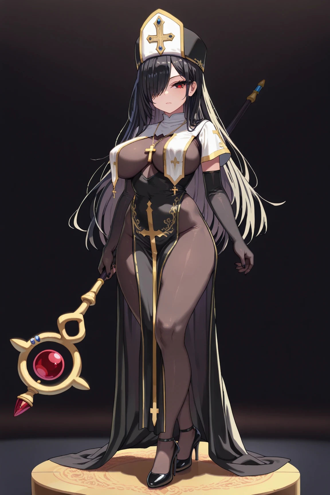 pixel art:1.35, 1woman, mature, priestess, mitre, black long hair:1.35, straight hair, long eyelashes, hair over one eye, tsurime, evil eyes, full body, (breast curtains, black priest dress, slit, Gold embroidery, black body suits, 
elbow gloves, cross necklace, high heels, holding skal staff, black nails, pelvic curtain, midium breasts), BREAK, ((masterpiece, best quality, amazing quality, hyper-detailed)), (absurd, very aesthetic:1.2), BREAK simple yellow & black background color, from side