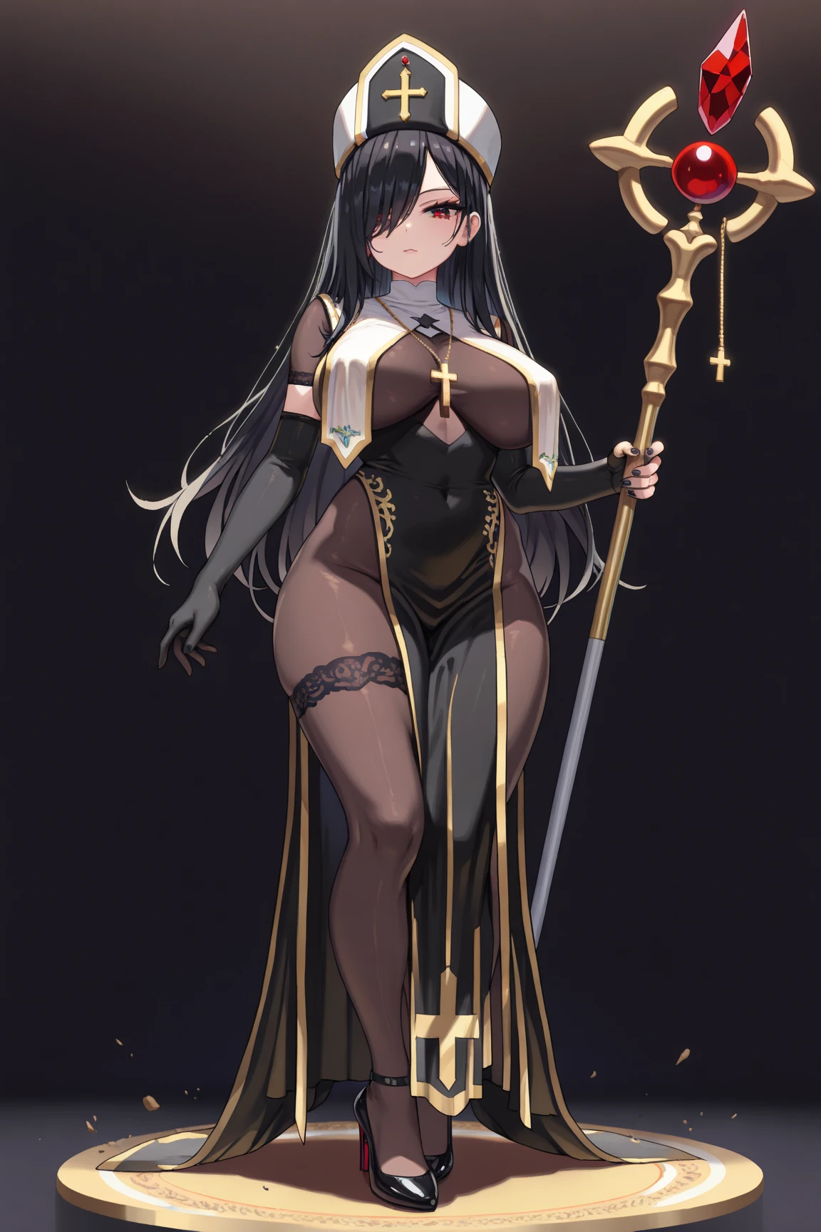 (masterpiece:1.2), (highest quality:1.2), 1girl, solo, pointy-ears, dark-skin, breasts, dark-skinned-female, staff, transparent-background, dark-elf, large-breasts, black-hair, cape, elf, earrings, full-body, jewelry, thighhighs, hair-over-one-eye, very-long-hair, navel, yellow-eyes, high-heels, boots, underwear, cleavage, looking-at-viewer, holding, panties,