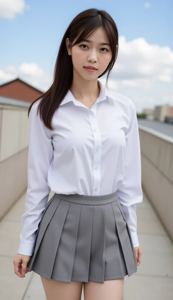 ((highest quality, 8K, masterpiece :1.3)), Photorealistic、Ultra-high resolution、Natural skin texture、Hyperrealism、Photograph from the knee up、12 year old beautiful Japanese girl、White collared shirt and tie、mini skirt、Serious expression