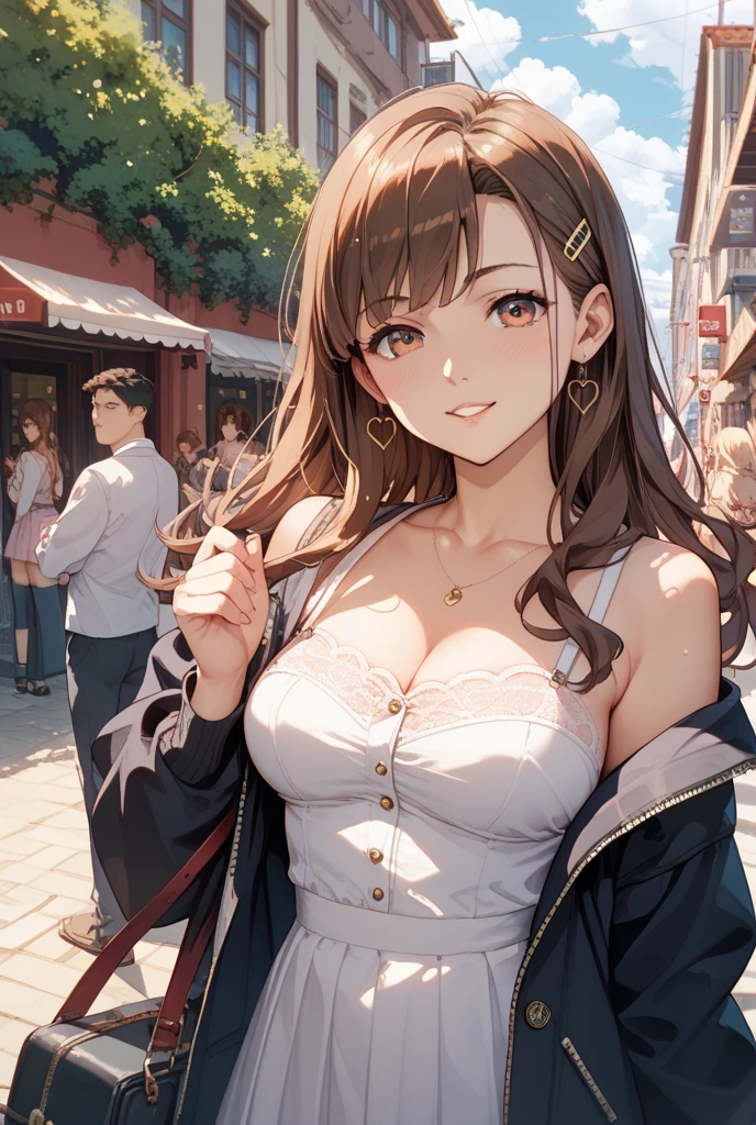 cleavage、open clothes, looking up, hand on own chin、Close-up of your face、side angle, (pale skin: 1.2), shiny skin, shiny hair、(A 25-year-old woman with medium-length hair and bangs) and (wavy hair) and (brown hair) and (orange eyes) and (half closed eyes), white collared shirt, smile, (blush:1.3), The background is a shopping street at night、Alone、Are standing