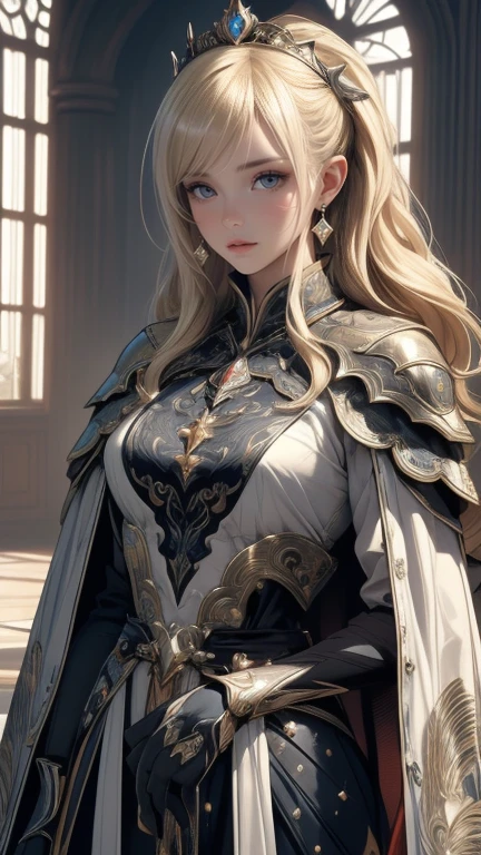 masterpiece, best quality, good quality, Fantasy aesthetics, Highly detailed, shadowverse style, white stocking, female, adult, elf, golden eyes, golden hair