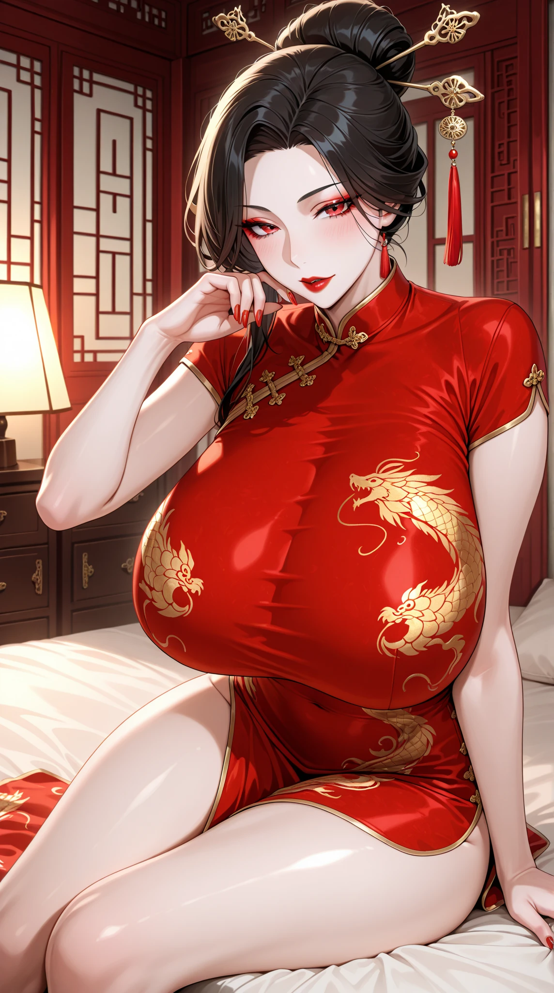 ((Highest quality)), ((masterpiece)), (detailed), woman,Short black hair Chinese Age 22 years old Black clothes Advanced Chinese Dress Older sister type cute Bust size C Red Makeup Future City Red paint on eyes pregnant belly