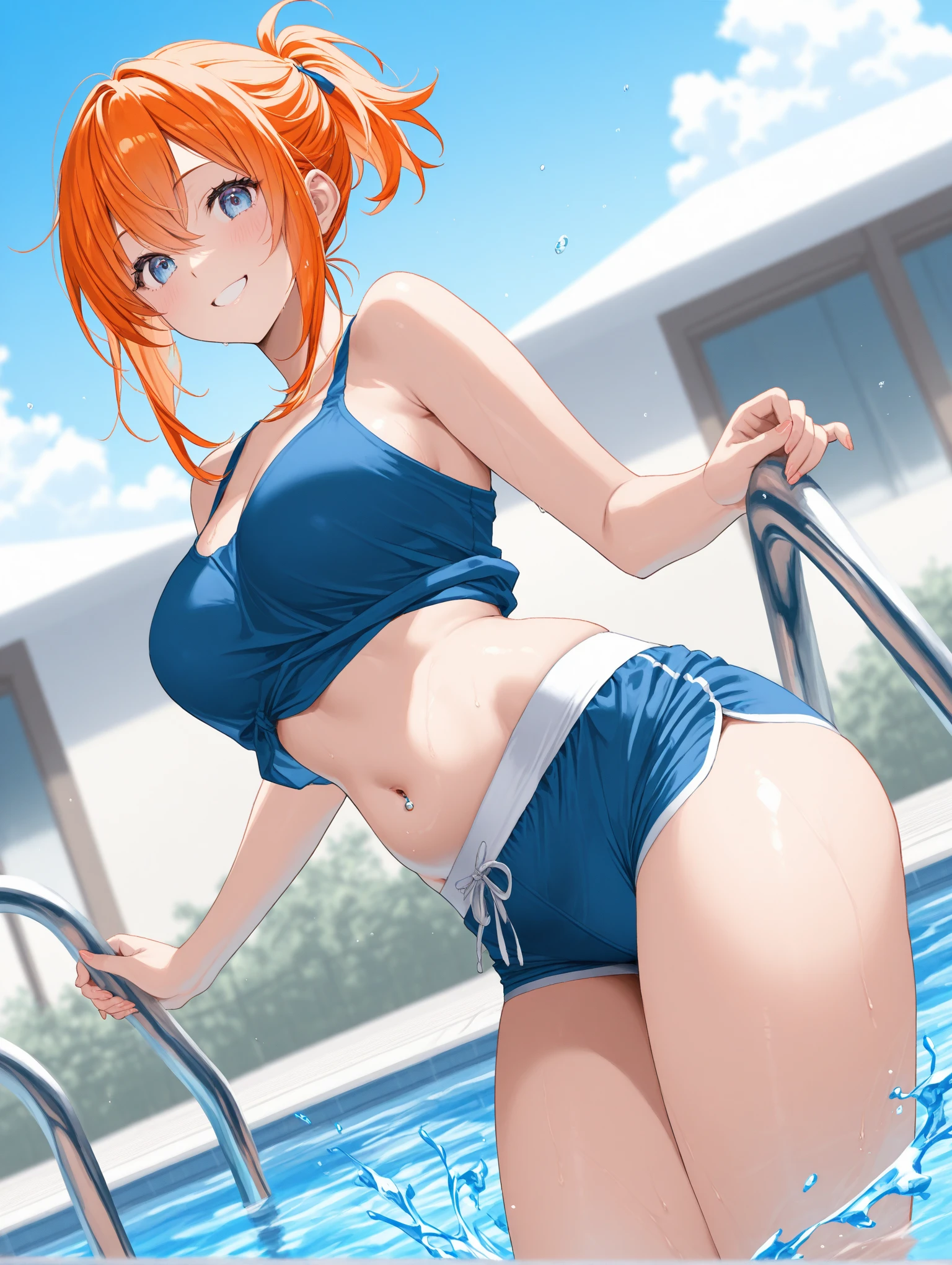Hoshizora rin,sksrin, cowboy shot, sexy micro bikini, star-paint bikini, bracelet, sexy, looking at viewer, Blush, (from behind:0.7) ,(ass wedgie), flying water drops,hair ornament, detailed hair strands