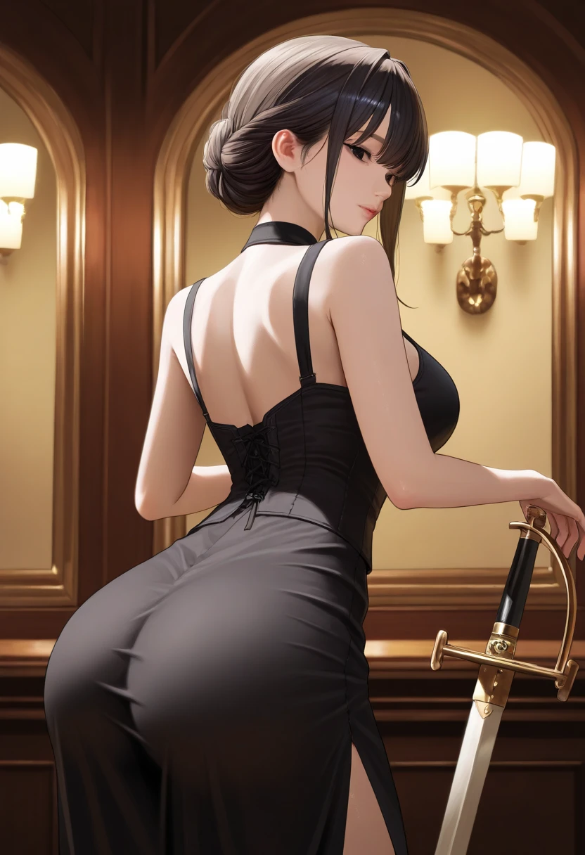 High resolution, adult woman , good lighting, despicable, , (No nudity), (((China dress))), (()), ((())), (garter belt), abdomen only, (), , cute face, I'm embarrassed and blush, humiliating, ((turn around and look back)), ((See-through))()(T-back)(a large amount of is on the body,)