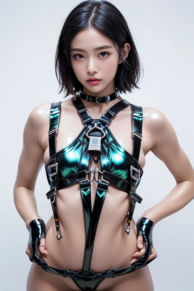 A ultra beautiful girl cute, of 18 years old, short black hairs and eyes, ((european face)), with black techno fantasy great sword in the back, black techno fantasy top armor and black techno fantasy armour pants, black metal with red neon lights symbols and decourations, 12k, UHD, masterpiece, photo realistic, naked belly and arms