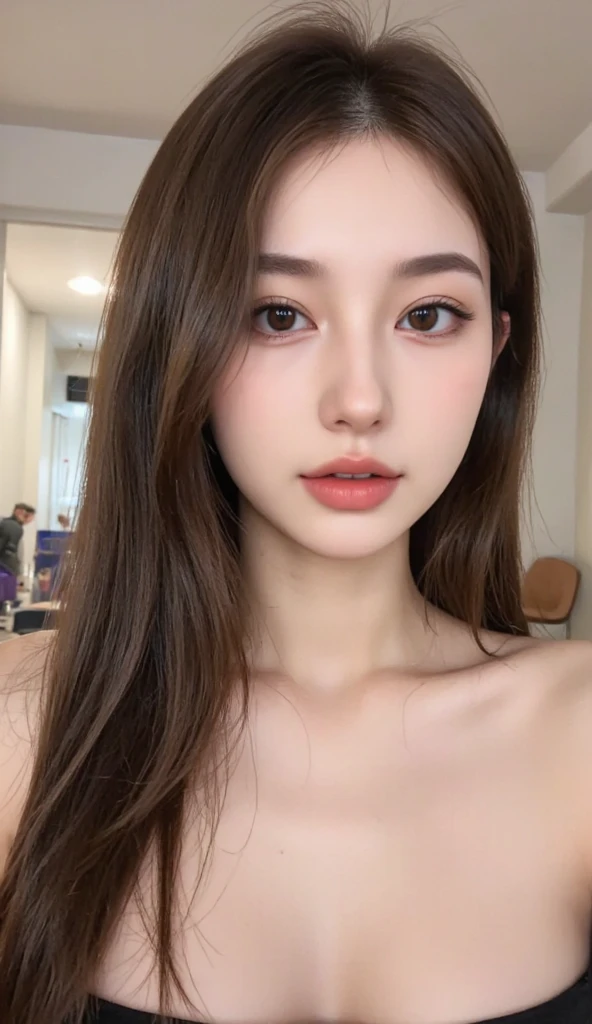 ((Best quality, 8k, Masterpiece :1.3)), 1girl, beautiful woman, selfie (long hair, small breasts: 1.2), black bra: 1.2, ultra-delicate face, delicate eyes, double eyelids, home