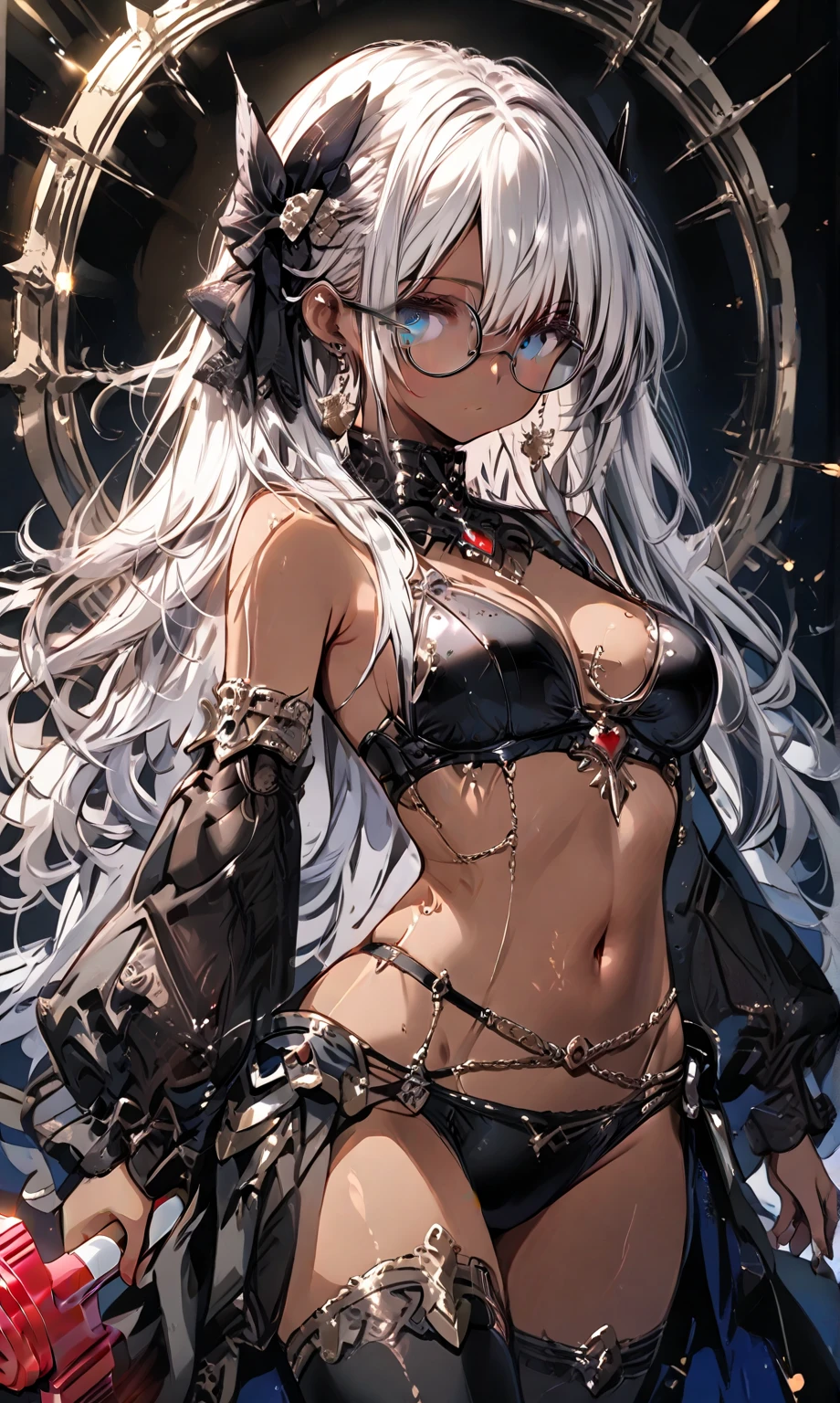 (Highest quality)),(Ultra-high resolution),(Ultra-detailed),(Detailed depiction),((Best Anime)),(A masterpiece),Sharpness,Claire,Ultra-precise art,modern art, (Devilish beauty),Glamorous Body,Small waist,belly button,((Fascinating Fashion)),choker,Chain Accessories,Earrings