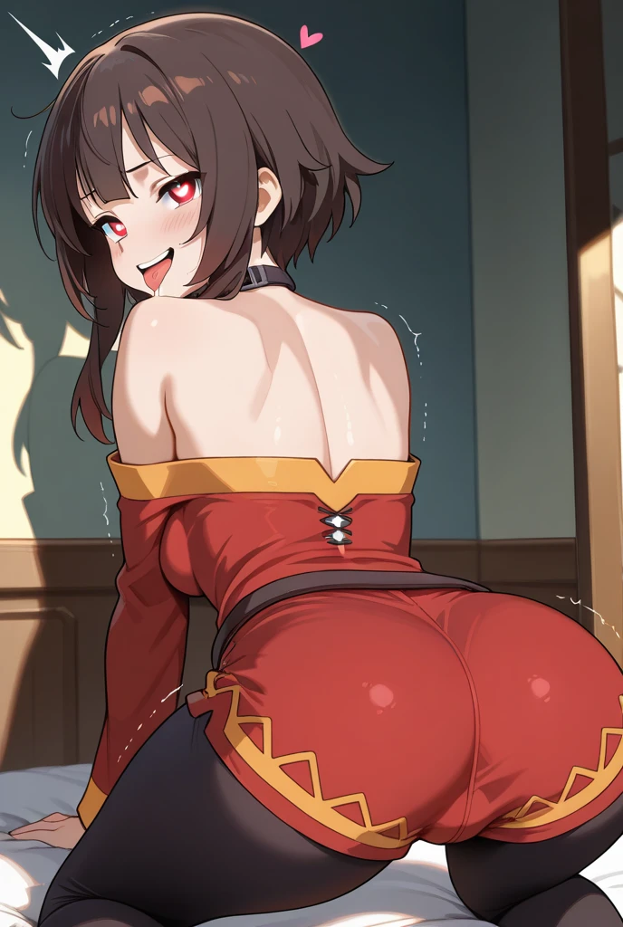 (beste-Qualit, 8K, 12), 1 girl, megumin, Short Hair, brown hair, little chest, the perfect body, ultra detail face, detailed lips, Slender Eyes, gown, stands, enticing, Excited, convex areolas, steam, From Bottom, (small boobs), ((thick thighs)), ((((black panties and bra)))), black tights