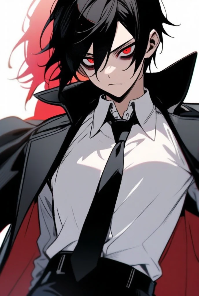 one men, blackquality hair, deep red eyes, suit, Rico , with vampire fangs