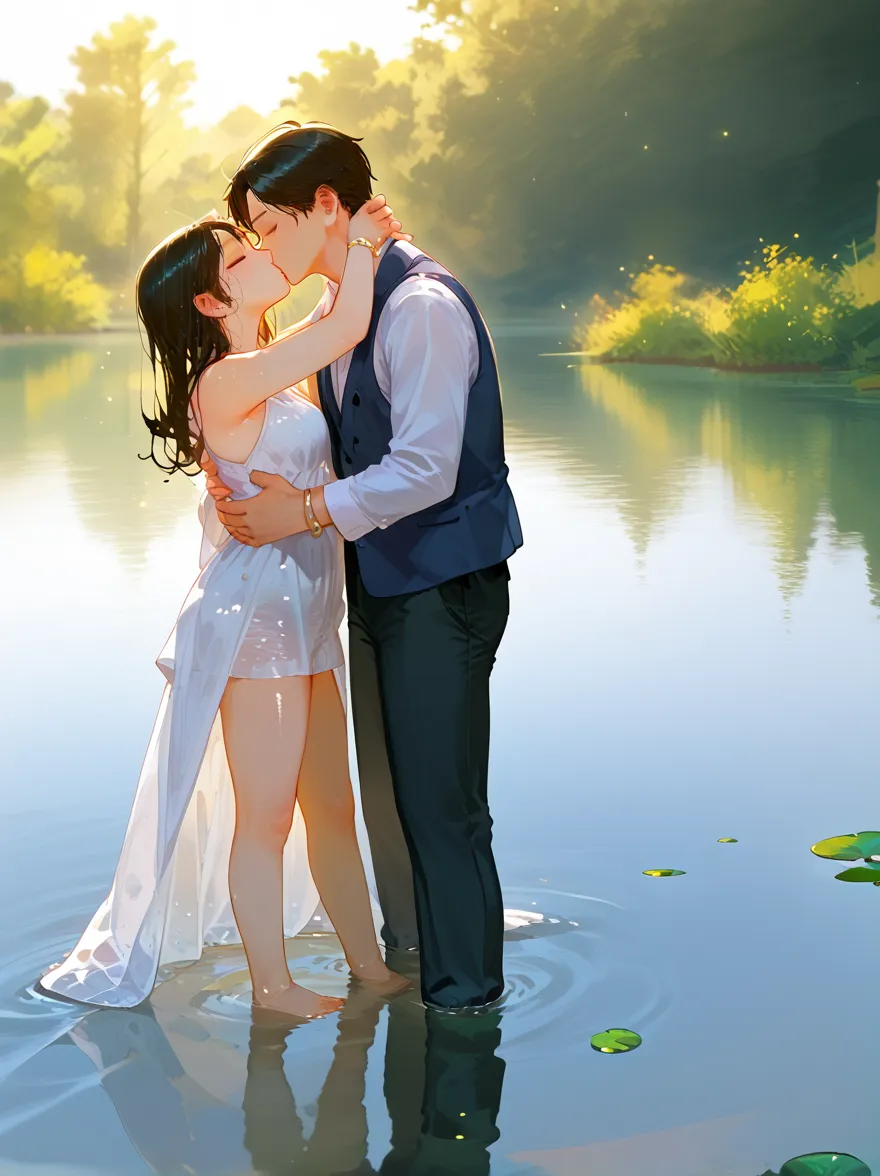 tmasterpiece,HighestQuali,Delicate facial features,夏天,8 year old,One boy and one girl,Lingerie transparent,Expose your navel and chest,lake water,Lotus leaf,hugs,Kiss each other,Falling petals,the trees,Blue sky,freshen