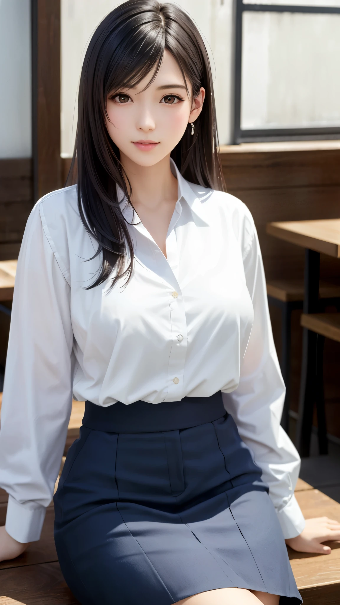highest quality、masterpiece、live-action、Realistic、High resolution、4k、Japanese、Black Hair、Medium Bob、Japanese female college student、Cute Girls、20-year-old、Cute smile、 master piece , best quality , detailed , woman , blouse, skirt , sitting , from back , bed room , indoor-- 9:16