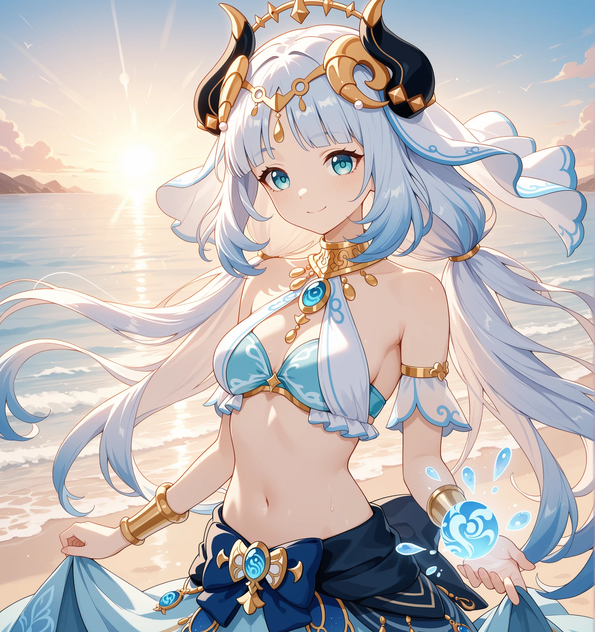 top-quality、extremely delicate and beautiful、(Blue and Red Odd-Eye)、Arabian costume 、Navel、(silber hair)、femele、(Black bikini for lower body)、(((Brown skin)))