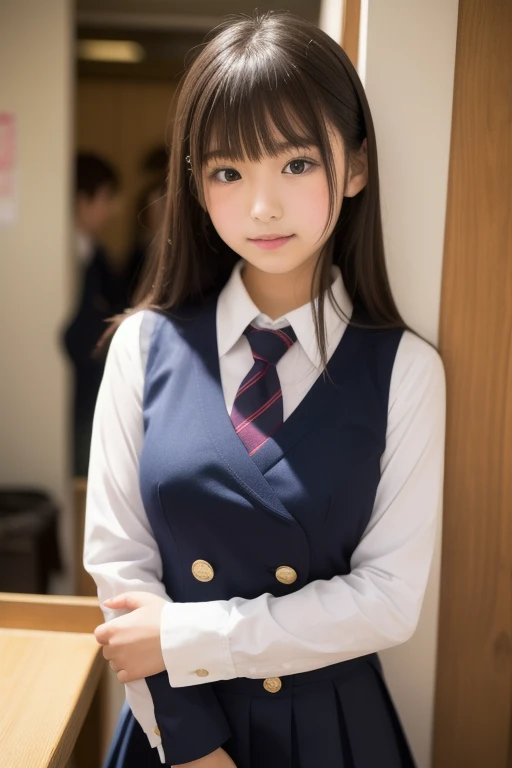 (8k, Photorealistic, RAW Photos, Best image quality: 1.4), Japanese schoolgirl、Super detailed face、Eye on the details、double eyelid、Sharp focus:1.2、Beautiful woman:1.4、Light brown hair、Highest quality、masterpiece、Ultra-high resolution、(Photorealistic:1.4)、非常に詳細でプロフェッショナルに照らされたsmile、(Japanese high school uniform:1.5)、blush、amount、Small breasts、Shaggy Hair、From below、Low - Angle、smile、freckles、classroom，Sitting at a desk、Knee-high socks、Tie your hair with your hands、Spread your legs
