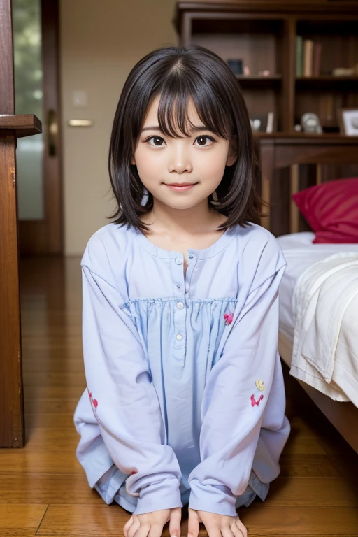 8k,Japanese,6 years old,innocent face,teenage girl,cute,summer clothes,everyday wear,sitting,black hair,on the bed,coastline,hair clip,night view,starry sky