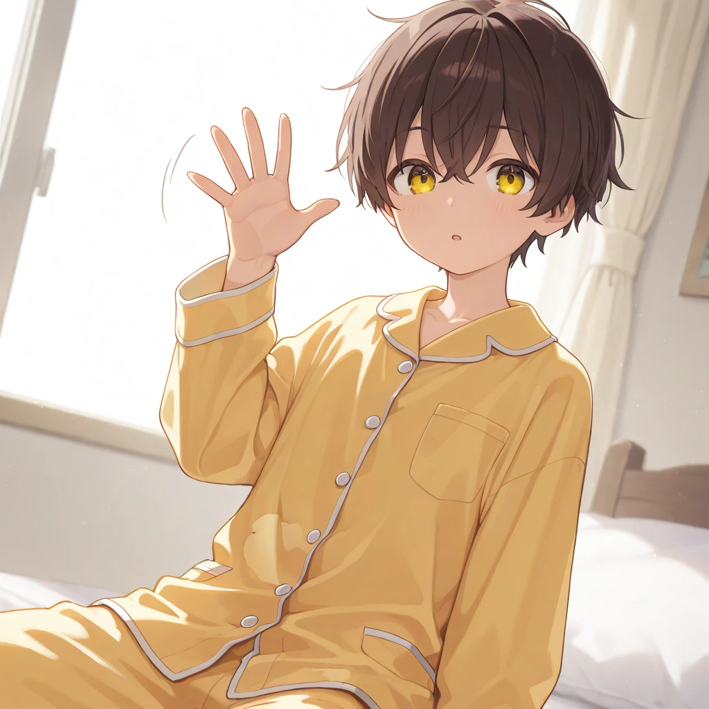 Highest quality,masterpiece,indoor,On the bed, 1girl,独奏,Lying on your back,Close ~ eyes,Close your mouth,Are sleeping,yellow pajamas,Brown Hair, short hair, ponytail,Flat Chest,1boy,penis,foot job,