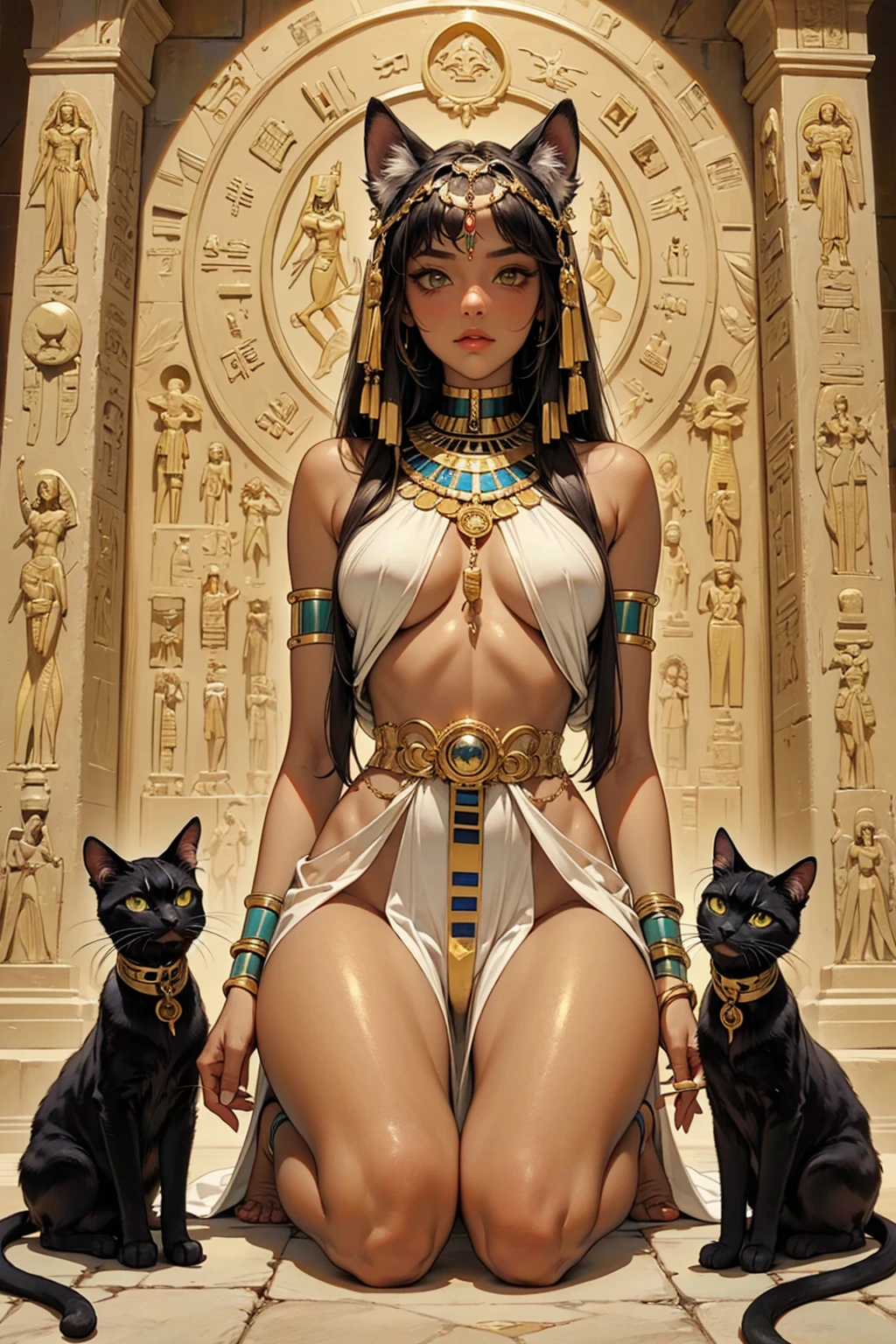 mujer arafed disfrazada con un gato y una ventana, apuesta, diosa gata egipcia, hermosa cleopatra, egipcio princess, Cleopatra, Cleopatra en su palacio, Retrato de Cleopatra, egipcio, Zenescope, por Wayne Inglaterra, Reina persa, inspirado en Vladimir Tretchikoff, inspirado por Mark Brooks, tormenta dios egipcio, egipcio god, "reina egipcia", foil and opal more details, flequillo recto, Cuerpo tonificado, cabello brillante, Cleopatra, magical, Retrato de cabeza y hombros, ojos de gato intrincadamente detallados, fantasy art, Poster of an anthropomorphic catwoman pin-up with tanned skin, Rasgos egipcios y cabello negro vestida como una musa del arte griego.