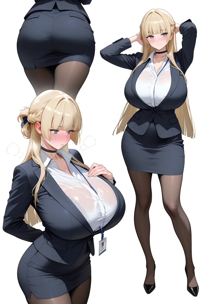 (8K, top-quality, masterpiece: 1.2), (realistic, Photorealistic: 1.2), Intelligent secretary with a curvaceous figure, wearing a (well-tailored business suit:1.5), (Busty: 1.5), (Elegant posture: 1.3), Sitting at a desk, (Beautifully detailed eyes: 1.5), (Blonde hair: 1), (short hair: 1.1), Wearing glasses with a professional look, (Her suit jacket and white shirts are buttoned:1.5), (Polished shoes: 1.1), (Detailed suit fabric: 1.0), gigantic breasts, thigh high stockings, (necktie:1.5), (middle skirt:1.5)