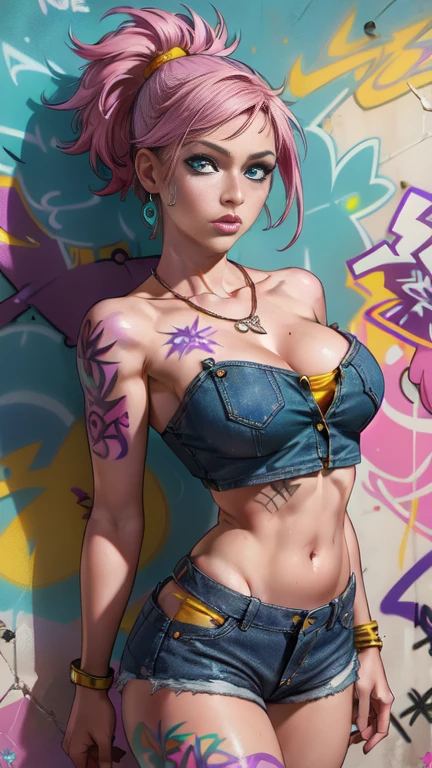 masterpiece, best quality, 1girl, solo, crop top, ((colossal cleavage:1.3)), denim shorts, choker, (graffiti:1.5), paint splatter, arms behind back, against wall, looking at viewer, armband, thigh strap, paint on body, head tilt, bored, multicolored hair, aqua eyes, headset, naked