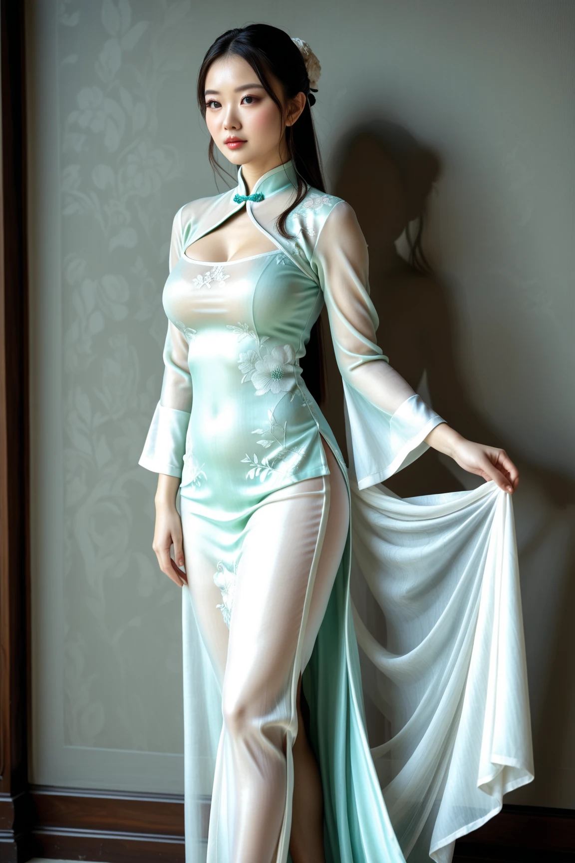 Detailed body, attractive body, perfect human body, realistic face,
(ultimate quality, masterpiece, highres:1.0), realistic:1.6, photorealistic,
[8k UHD photos, UHD high quality photos, Super detailed and super clear images],
Close-up of a Vietnamese girl two head with a detailed body, attractive body, perfect human body, realistic face,
(ultimate quality, masterpiece, highres:1.0), realistic:1.6, photorealistic,
[8k UHD photos, UHD high quality photos, Super detailed and super clear images],
Close-up of a Vietnamese girl with a beautiful face, tall and beautiful like a photo model,
, leggy, round face, big round eyes, Charming smile, Red lips, long curly eyelashes, big dimples, pointed chin, plump face, bright white skin, slim waist and long legs, wearing rings and earrings,
 Her face resembles Tuyet Linh, Tall and plump figure, wearing bright silver ao dai, walking in the fashion show, sexy pose,
Super shiny bright silver satin ao dai,