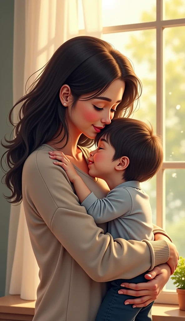 Here is the image of a woman and her son sharing a loving moment, even in difficult circumstances. If you need any changes or another type of image, just let me know!