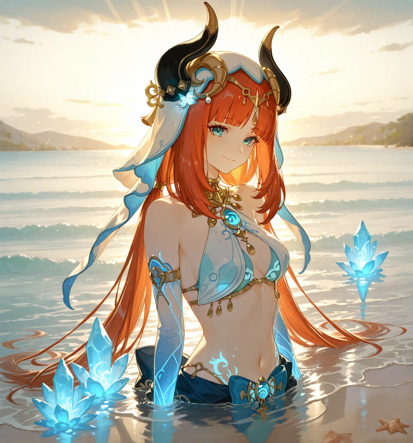 nilou_\(genshin_impact\), hiten kei style, claude monet, oil painting, masterpiece, hyper realistic, realistic skin, best quality, 1girl, lakeside, medium breasts, huge nipples, erect nipples, topless, full body, vector illustration, nipples, light smile, blunt bangs, long hair, stomach, navel, bare shoulders, orange hair, wet, soaked, raining, sarong, loincloth, headdress, red tassel, palm trees, forest, hands up, arched back, stretching, open mouth, bored, waterfalls, tropical rainforest, wet body, pouring rain, washing her body, taking bath, arched back,smiling, dancing, armpit, ankle band