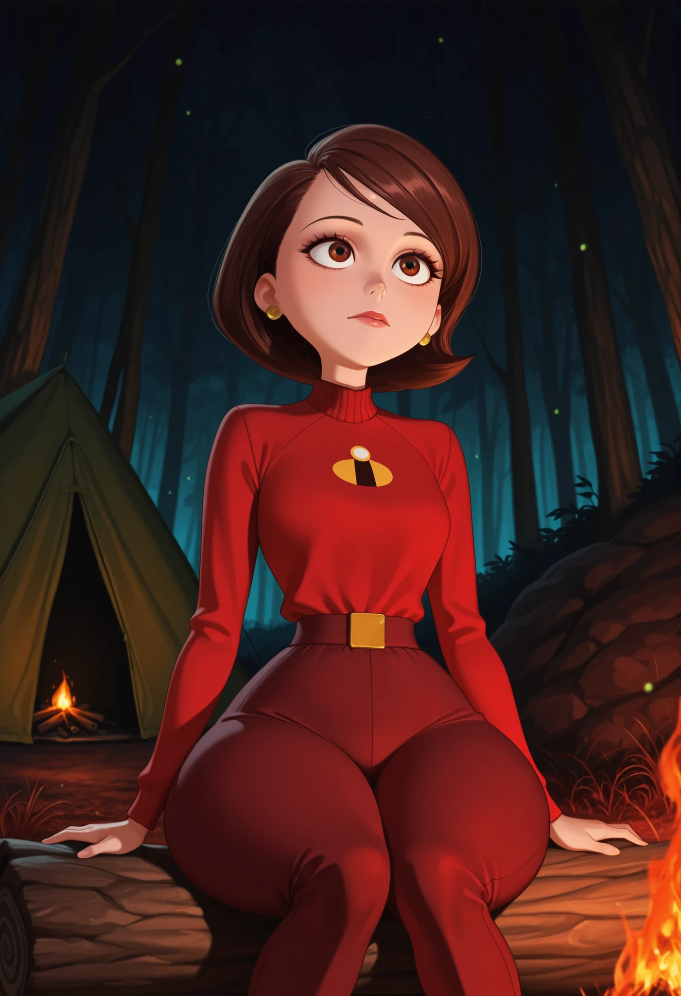 Helen Parr , female, medium hair, Bob_cut, brown hair, brown eyes, big eyes, long eyelashes, medium , narrow waist, thick thighs, huge hips, fair skin, thin hands, earrings, makeup, pink lips, lipstick.| score_9, score_8_up, score_7_up, dark forest background, night, dark forest, source_anime, scenery, (dark background:1.2), no eyes, red flora, rainforest, red grass, overgrown, Camp councillor uniform, female focus, solo, outdoors, campfire, tent, logs, night time, dark, sitting. in the background, fireflies glow with neon light