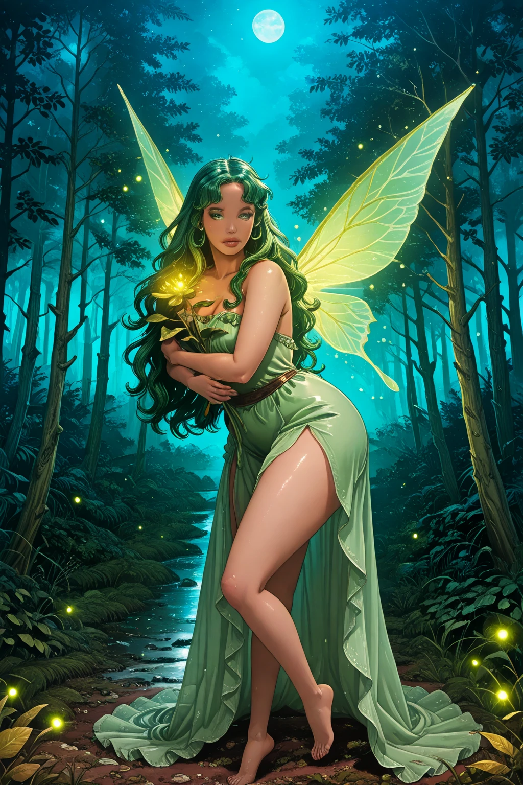 candid_shot, (full_body_shot:1.1),
a magical fairy,
(violet_hair:1.1), long_hair, intricate_hair,
dark_green_eyes, norse_facial_features, full_lips, pretty_face, cute_face,
(slender_figure:1.1), (small_breasts:1.1), (slim_waist:1.2), (long_legs:1.1),
green_dress, body-tight_clothing, transparent_dress, cleavage, (fairy_wings:1.2), (barefoot:1.1),
BREAK
8k, best quality, high detail, extremely detailed, absurdres, masterpiece,