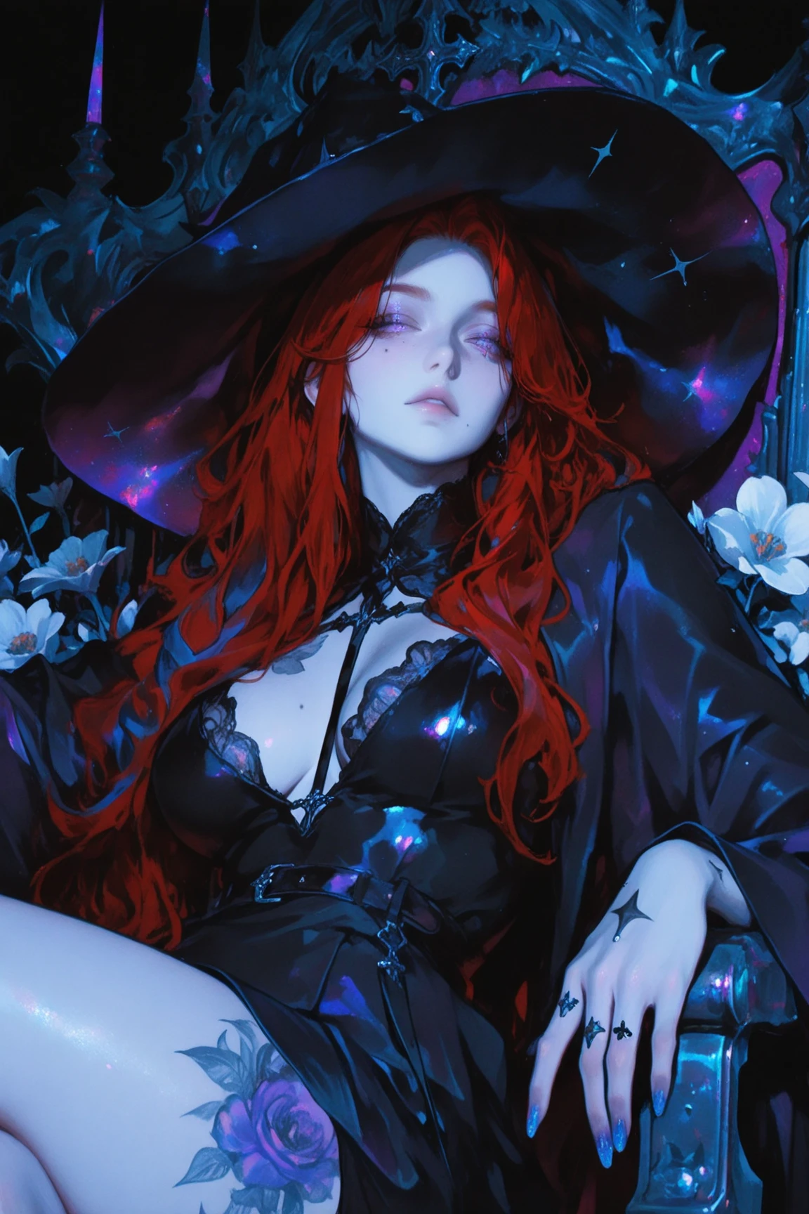 witch, witch hat, long red hair, tattooed arms, purple eyes, vampire teeth, lying on a bed, sensual position, short clothes, best quality, good anatomy, detailed face, 4k, masterpiece, detailed eyes --auto --s2