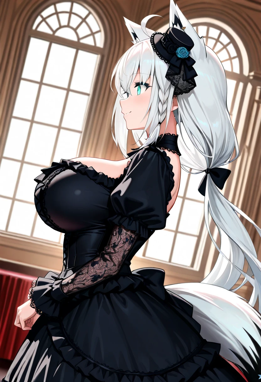 (NSFW), high quality, Lots of details, A woman with silver hair, artfully styled in twin tails, exudes a seductive aura. She adorns herself in vintage gothic attire, accentuating her allure with a bracelet, earrings, and a intricate necklace. The photo is a captivating close-up, revealing her ample cleavage glistening with sweat. The breasts, shimmering under the soft light, add to the overall sexy vibe of the image.