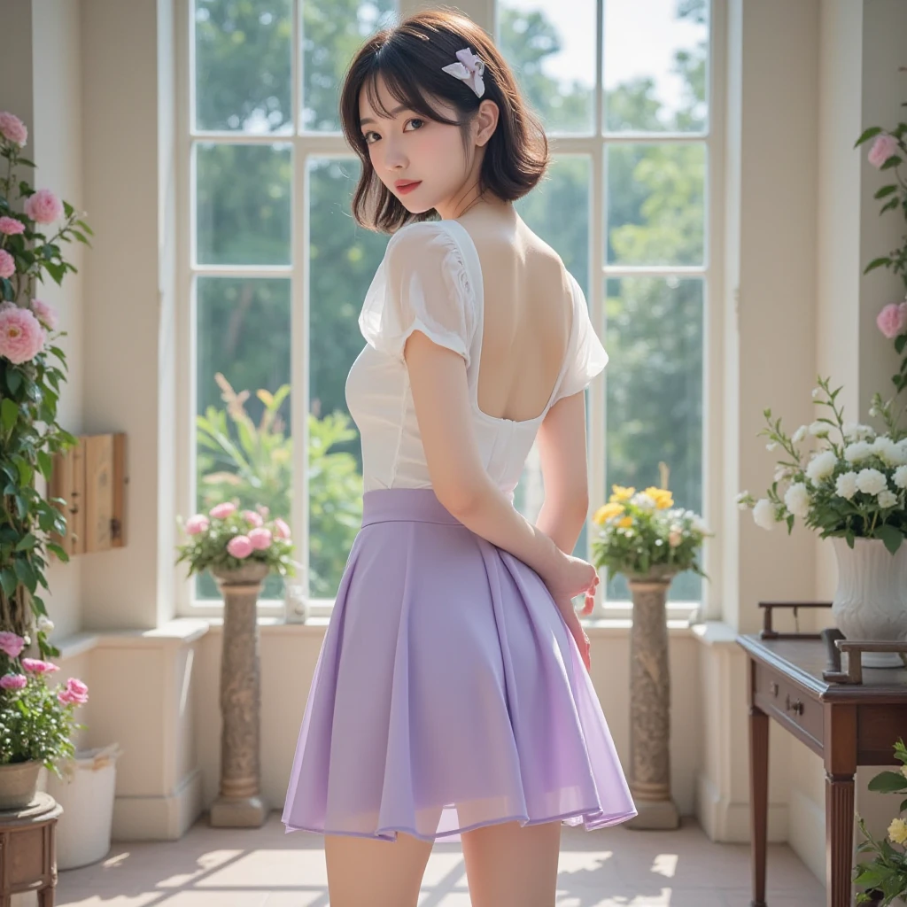 Masterpiece, best quality, ultra-high resolution, 8k resolution, delicate features, perfect face, girl, single, beauty contact lenses, student, big watery eyes, purple hair, mini skirt, hall, full body, panoramic view,