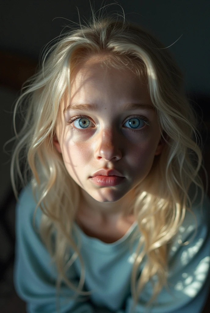 4K, Realstic, charismatique, Very detailed, petite fille, with the left eye green and the right eye red, white hair and a mole under the mouth on the right